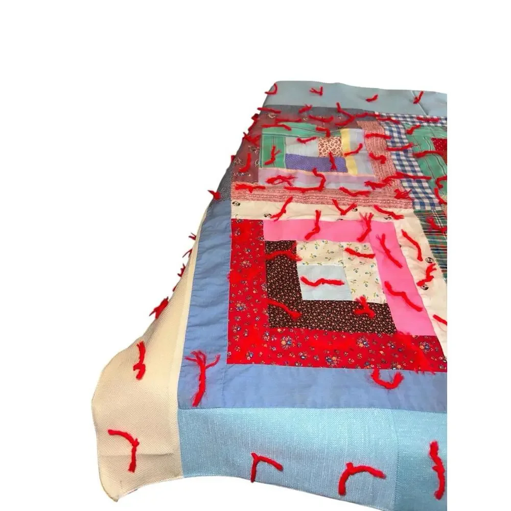 Vintage Handmade Patchwork‎ Tied Multicolor 42x32 Cottagecore Quilt Throw